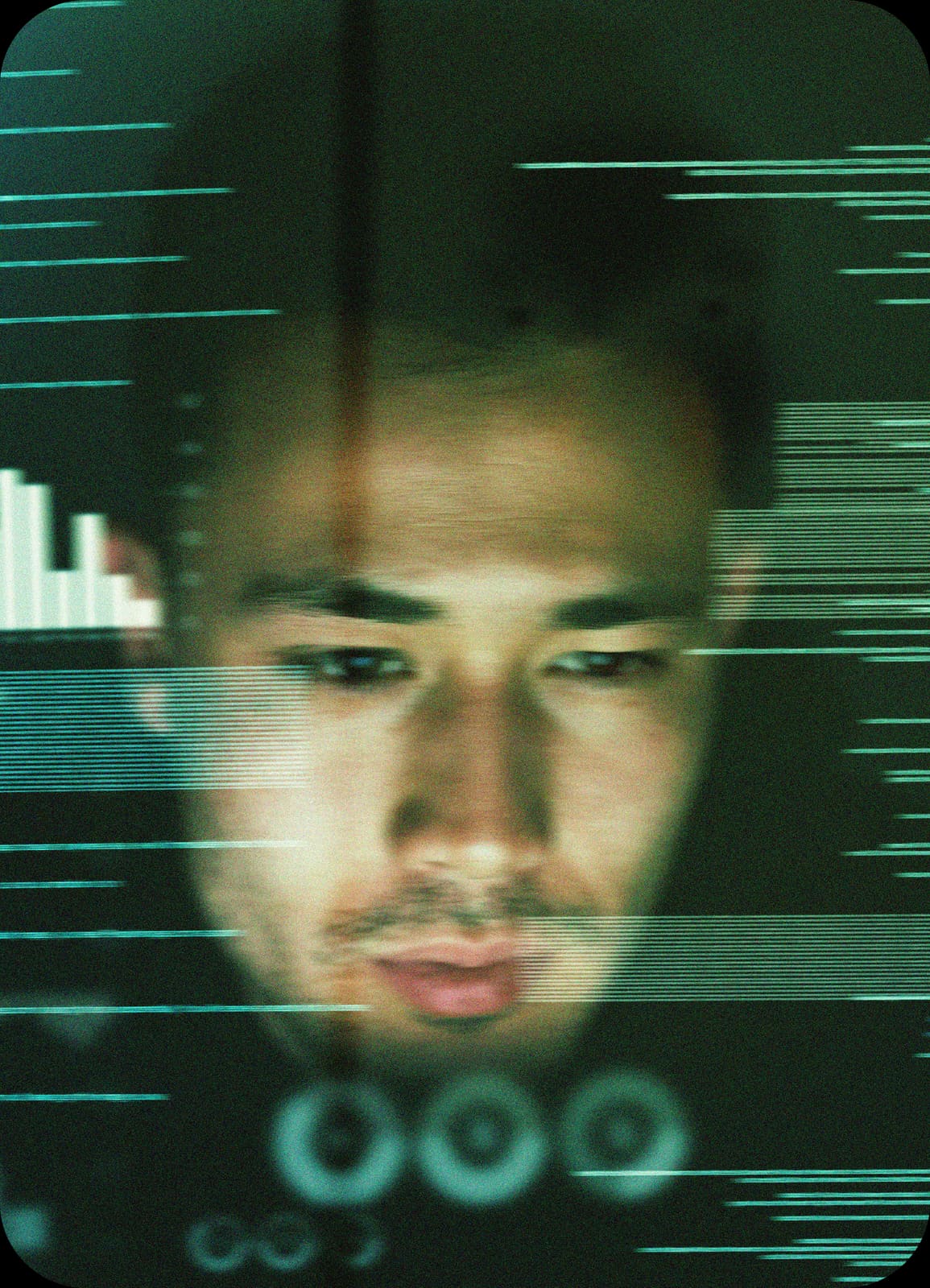 Portrait with a data-glitch overlay effect