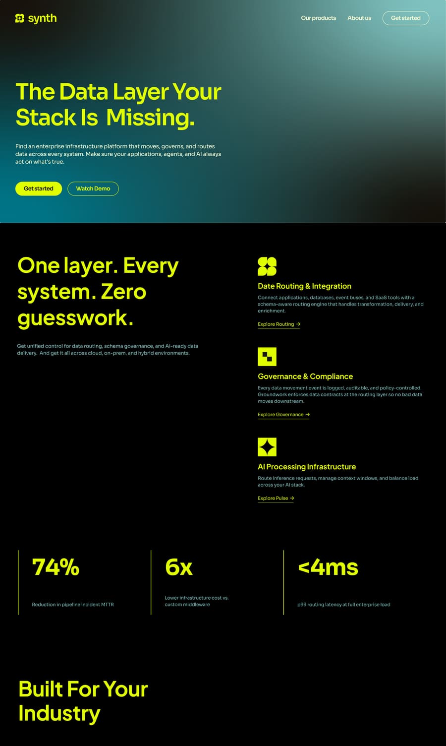 Synth landing page, top third