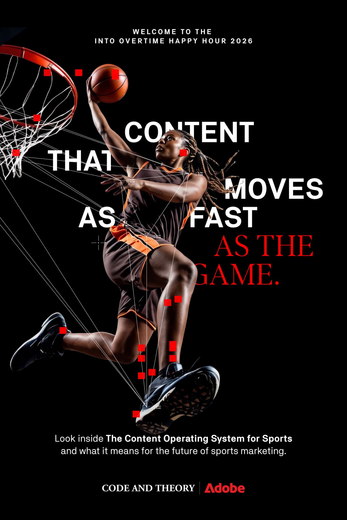 Into Overtime Happy Hour 2026 invite, basketball player dunking