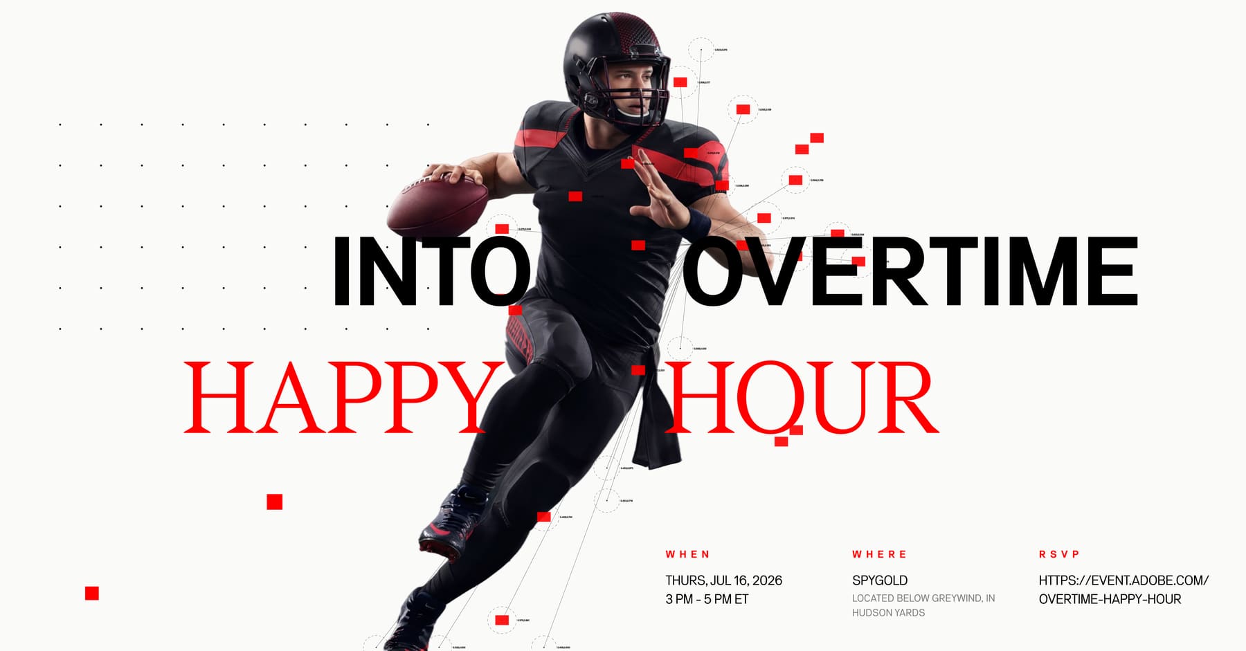 Into Overtime Happy Hour invite, football player running with the ball