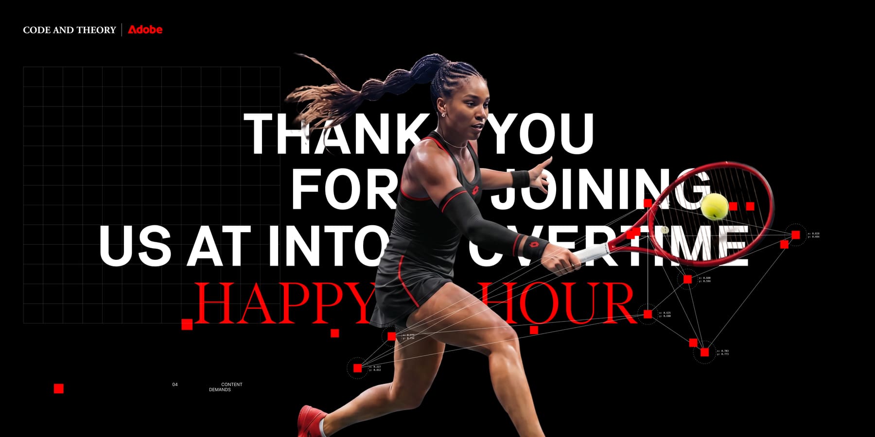 Thank you for joining us at Into Overtime Happy Hour, tennis player mid-swing