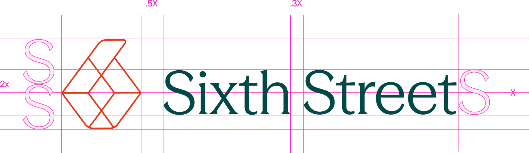 Sixth Street logo construction spec — clearspace and proportion grid for the mark and wordmark