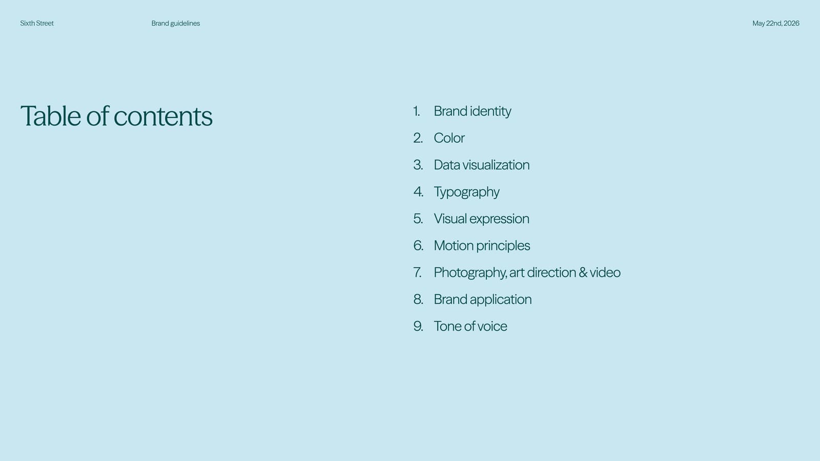 Sixth Street brand guidelines — table of contents