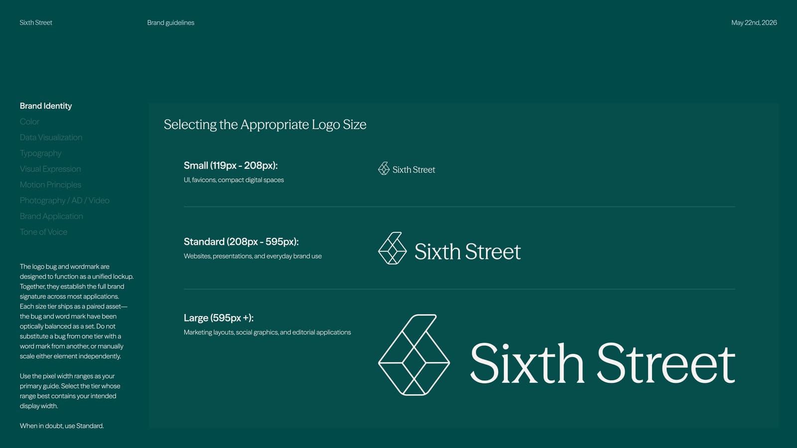 Sixth Street brand guidelines — logo size usage