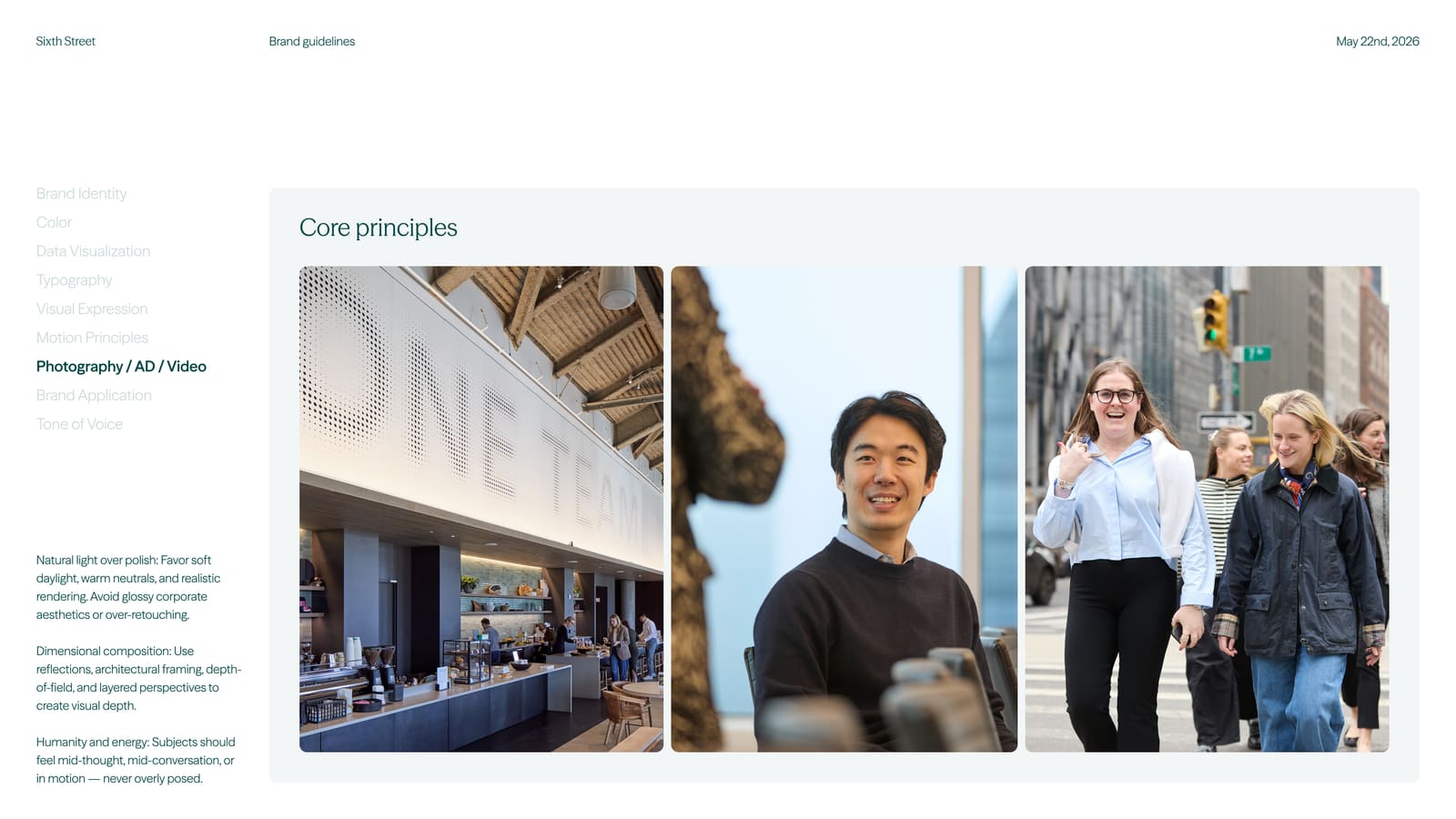 Sixth Street brand guidelines — core photography principles
