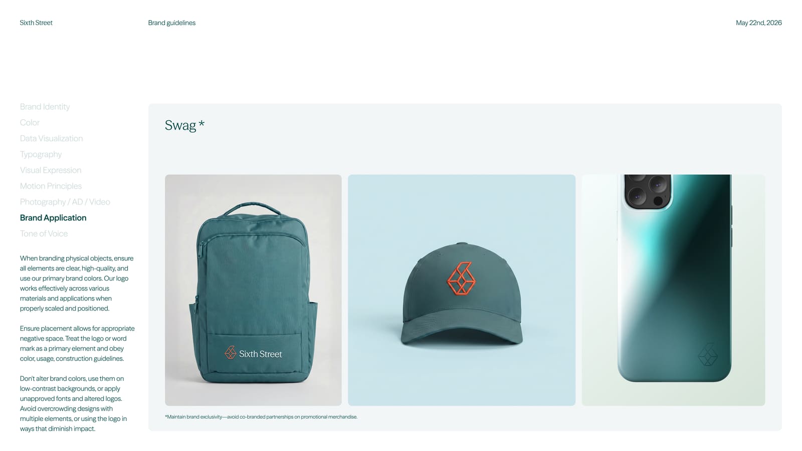 Sixth Street brand guidelines — swag applications